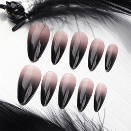 Black Gradient Press on Nails for DIY Manicure Medium Almond Glossy Black Ombre French Acrylic False Nails 24Pcs gradient Fake Nails Gel Glue on Nails Stick on Nails for Coquette Women Simple Design