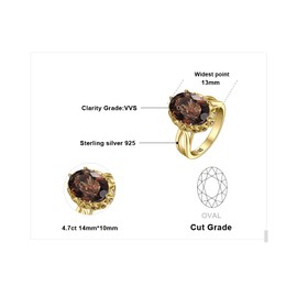 JewelryPalace Huge Oval 5.7ct Genuine Smoky Quartz Cocktail Rings for Her, 14K Yellow Gold Plated 925 Sterling Silver Ring for Women, Natural Gemstone Jewellery Sets Rings 10