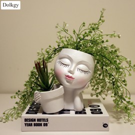 Head Planter Face Flower Pot, Dolkgy Woman Face Planter Unique White Head Planters for Indoor Outdoor Plants, Novelty Plant Pot Cute Lady Head Vase with Drainage Hole for Home Garden Succulents Cactus