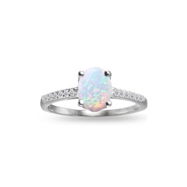 GemStar USA Sterling Silver Synthetic Opal and White Topaz Oval Crown Ring, Size 6
