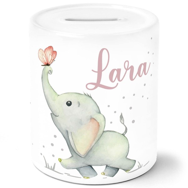 SpecialMe® Children's Money Box Personalised with Name Elephant Butterfly Animal Motif Animals Piggy Bank Ceramic White One Size