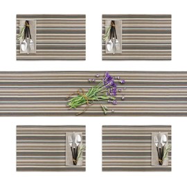 CK Home Beige Multi Stripe Runner & 4 Placemats Set of 5, Woven Vinyl Table Mats for Indoor/Outdoor, Durable, Washable.