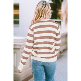Dokotoo Sweaters for Women Trendy Crew Neck Striped Color Block Casual Loose Fall Outfits Knitted Tops Lightweight Cute Pull Over Wool Long Length Ladies Holiday Pullover Sweater Brown Medium