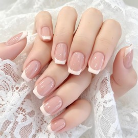 YOJAYE Nail Tips, Short, Nude Beige, Fake Nails, White, French Cute, Simple, Glossy, Spring, Summer, Fall, Winter, Coming-of-age Ceremonies, School Entrance Ceremonies, Graduation Ceremonies, Weddings