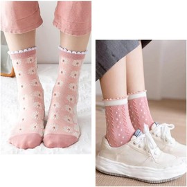 MarJunSep Cute Floral Crew Socks for Women Teen Girls Flower Cottagecore Frilly Vintage Fancy Cotton Socks Pink Flower Socks