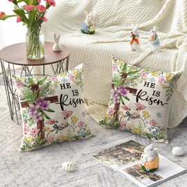 AVOIN colorlife Easter He is Risen Lamb Throw Pillow Cover, 18 x 18 Inch Flowers Cross Cushion Case Decoration for Sofa Couch Set of 2