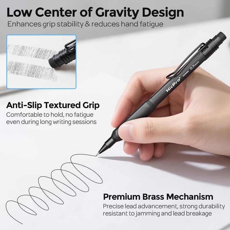 Nicpro 0.7 mm Mechanical Pencil Set with Case, 3PCS HD1000