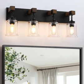 VbiTmn Farmhouse Wood Bathroom Vanity Light, Industrial Style, Bathroom Lighting Fixtures with Clear Glass Shades, Bathroom Lighting Fixtures Over Mirrors (Black, 4-Light)