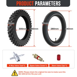 Mopillos 80/100-12 3.00-12 Dirt Bike Rear Tire and Inner Tube