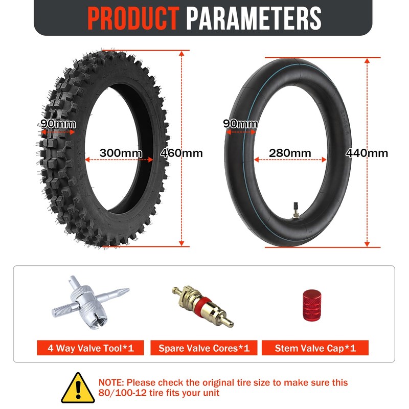 Mopillos 80/100-12 3.00-12 Dirt Bike Rear Tire and Inner Tube