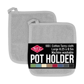 100% Cotton Terry Pot Holders for Kitchen, 2-Pack, 8.5"x8.25" Titanium Gray RITZ Royale