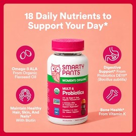 SmartyPants Organic Women's Multivitamin Gummies: Biotin, Probiotics, Methylfolate, Omega 3 (ALA), Vitamin D3, C, Vitamin B12, B6, A, K & Zinc, Inosit