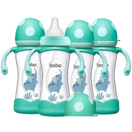 YOHKOH Natural Glass Baby Bottle with Natural Response Nipple, Wide Neck Baby Bottles with Handle, Newborn Anti-Colic Baby Bottles Gift Set, Clear (8.8oz (Pack of 4), Blue)