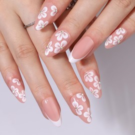 30Pcs Almond Press on Nails Medium White Flowers Fake Nails French Tips Nails Press ons with Rhinestone Glue on Nails Designs Glossy Acrylic Nails for Women Manicure 15 Sizes