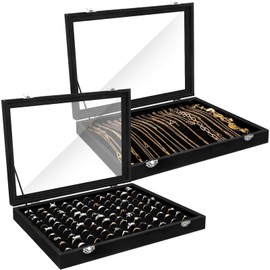 Yinkin 2 Pcs 100 Slots Ring Organizer Box with Transparent Glass Lid Necklace Display Tray Ring Case Velvet Jewelry Holder (Black)