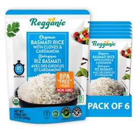 Regganic Organic Basmati Rice with Cloves & Cardamom – Ready to Eat, Microwaveable in 90 Seconds, Aromatic & Flavorful | 8.8 oz | Pack of 6 | Side Dish