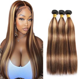 T1BP4/27 Honey Blonde Highlight Straight Human Hair Bundles Ombre Brown Bundles Straight Human Hair 14 16 18 Inch 3 Bundles Human Hair Extensions For Woman Double Weft No Tangle