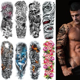 8 Sheets Full Arm Temporary Tattoos for Men Adults, Temp Tattoos Sleeve For Women, Waterproof Body Arm Chest Shoulder Tiger Owl Skull Flower Fake Tattoo Stickers Animal