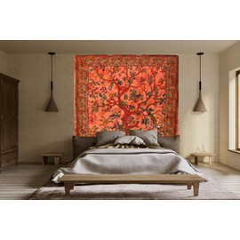 AVA Collections Orange Tapestry Tree of Life Wall Hanging Indian Cotton Boho Psychedelic Tapestry Cotton Bedspread Throw Picnic Mat Home Decor (Orange- Tree of Life, 90x84 inches (220x215 cm))
