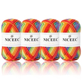 NICEEC 4 Skeins Soft Baby Cotton Yarn, 4 Ply, DIY Craft, Fingering Weight, Blanket Yarn for Crochet & Knitting, 700yds/7.05oz - Rainbow