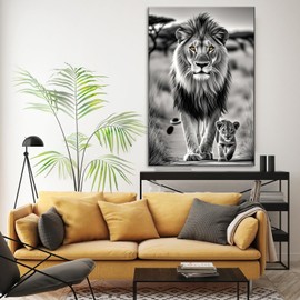 ZHIYYHAO Black and White Lion Canvas Wall Decor Lion with Cub Picture Wild Animal Painting Modern Artwork for Bedroom Living Room Nursery Home Decor （A-4，18.00L X12.00W''）