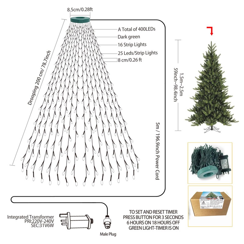 aneeway Christmas Tree Lights Cold White, 400LED 2m 16 Strands