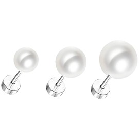 ZHIGOU 3 Pairs Titanium Pearl Stud Earrings for Sensitive Ears - F136 Implant Grade - Threaded Cartilage Tragus Earrings Ear Bone (4mm 5mm 7mm Pearls)
