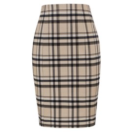 Kate Kasin Women's Checkerboard Pencil Skirt Stretchy Knee Length Elastic Waist Bodycon Skirts Checkerboard-Plaid Khaki XXL