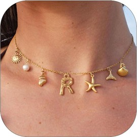 Initial Charm Necklaces for Women Girls 14K Gold Plated A-Z Letter Necklaces Shell Boho Summer Seashell Alphabet Choker Necklace Starfish Surfer Monogram Name Necklace Beach Jewelry Gifts (Gold-R)