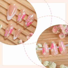 BABALAL Press on Nails Medium ALmond Fake Nails Pink Floral Glue on Nails Supplies Stiletto Acrylic Nails Spring Design False Nails Art 24Pcs Coquette Glossy Manicure Stick on Nails