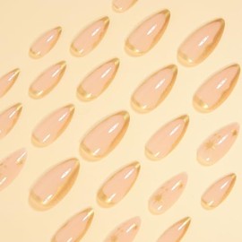 ONPRESS 24 uñas postizas francesas doradas con punta francesa, cortas, almendradas, con diseño de estrella, color piel, reutilizables, brillantes, de 