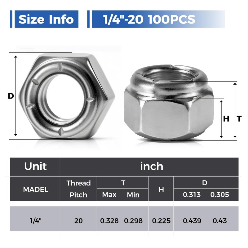 Wiewotsu 100 Pack 1/4"-20 Inch Lock Nuts, Premium Paterial Nylon