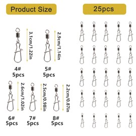 25PCS Fish Fishing Barrel Swivel And Safety Snap, Clips Ball Bearing Connector Tackle, High Strength Rolling Swivels Clips Connector for Saltwater Freshwater(4# 5# 6# 7# 8#)