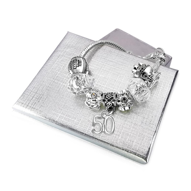 Womens 50th Birthday Sparkly Crystal Charm Bracelet with Silver Gift