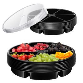 Seewey Round Plastic Veggie Serving Tray for Mexican Festival 11.8 Inch 6 Sectional Taco Serving Platter with Lid Food Platter Round Platter Container Fruit Organizer for Party Buffet(Black, 10 Pcs)