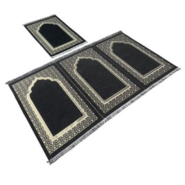 Modefa Turkish Islamic Prayer Rug - Multiperson Prayer with Imam Spot, Janamaz Sajada for Family or & Group Praying Mat - Chenille Embroidered Selcuk Star Islamic Pattern (4 Person) (Black)