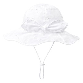Baby Girl Sun Hat with Bow Lace Embroidery Kids Girls Floppy Breathable Summenr Hats Adjustable Chin Strap White