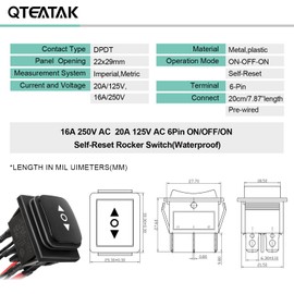QTEATAK DC 12V 10A 6 Pin 3 Position (ON)-Off-(ON) AC 110V-220V Waterproof Momentary Polarity Reverse Switch Motor Control Black Boat Rocker Toggle Switch with Wire KCD4-223-QT