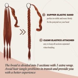 BARSDAR 30 Inch Long Braided Ponytail Extension - Wrap Around Copper Red Braid Ponytail Hair Extensions with Hair Tie - Synthetic Pony Tails Hairpieces for Women - Copper Red