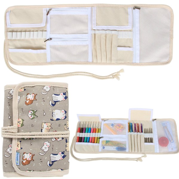 Teamoy Crochet Hooks Case for Knitting Needles, Crochet Hooks-with Crocket Project Accessories Compartments, Best Travel Case, Cartoon Cats-(No Accessories Included)