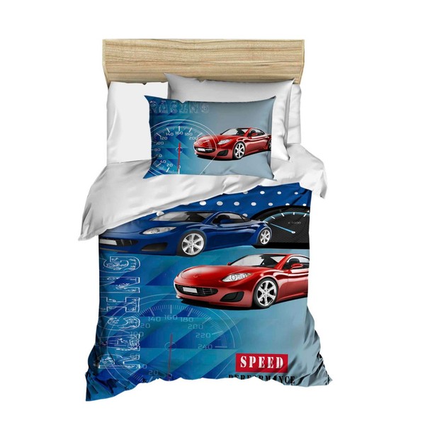 OZINCI 3D Printed 100% Cotton Cars Bedding Set, Blue Red Cars Themed Twin Size Quilt/Duvet Cover Set, Blue, Boys Bed Set, Comforter Included (5 Pcs)