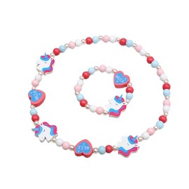 Damaiyyy Wooden Children's Jewellery Set, Unicorn Friendship Bracelet, Unicorn Beads Necklace and Bracelet, Gift for Girls, Birthday Party, Dress Up Costume Accessory