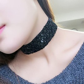 YienDoo Punk Black Sequin Choker Necklace Gothic Wide Black Necklace Vintage Wedding Wave Fish Scales Sequin Wide Choker Nightclub Prom Sparkly Sequin Necklace Jewelry for Women and Girls