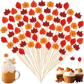 Aodaer 200 Pieces Fall Wooden Cocktail Picks Appetizer Fruits Bamboo Toothpicks Decorative Cocktail Sticks with Autumn Maple Leaf for Fruits Dessert Appetizer Party Supplies