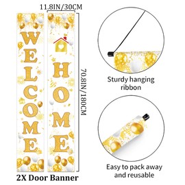 Welcome Home Decorations Door Banners - 2 Piece White Gold Retirement Family Door Porch Sign Banner for Women, Welcome Back Theme Party Supplies for Baby Girl Boy