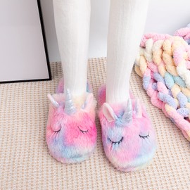 Kids Unicorn Slippers Cute Soft Fluffy Fuzzy Plush Slip on for Girls Indoor House Home Fur Slides Unicorn Gifts for Kids (3.5-5.5, Rainbow, numeric_3_point_5)
