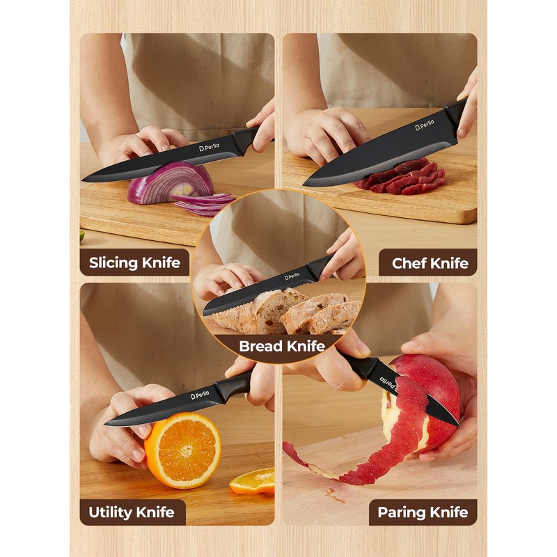 Knife Set, D.Perlla 8-Piece Kitchen Knife Set with Built-in Sharpener,