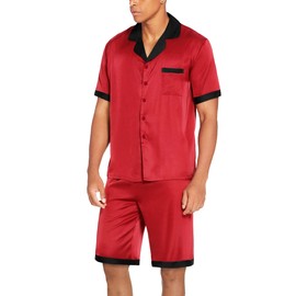 Ekouaer Men Satin Silk Pajamas Set with Pockets Sleepwear Shorts Satin Summer Loungewear 2 Piece Button Down Set S-3XL Red