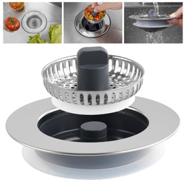 iFealClear Kitchen Sink Drain Strainer Stopper, Stainless Steel Wrapped Pop Up Sink Stopper Strainer Basket for Standard 3-1/2 Inch Kitchen Sink, 3-in-1 Sink Drain Stopper with Metal Strainer, Chrome