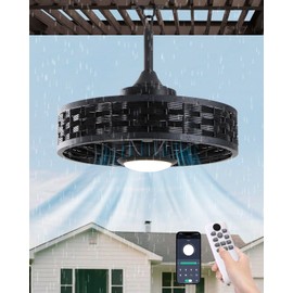 RRDEFSD Outdoor Ceiling Fans with Light for Patios, 20" Weatherproof Gazebo Fan with Hanging Hook, Remote Control & APP, 6 Speeds, 3CCT, Caged Plug in Ceiling Fan for Patio